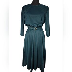 Vintage Blair Hunter Green Belted 3/4 Sleeve Pleated Shoulder Midi Dress -Sz 14P